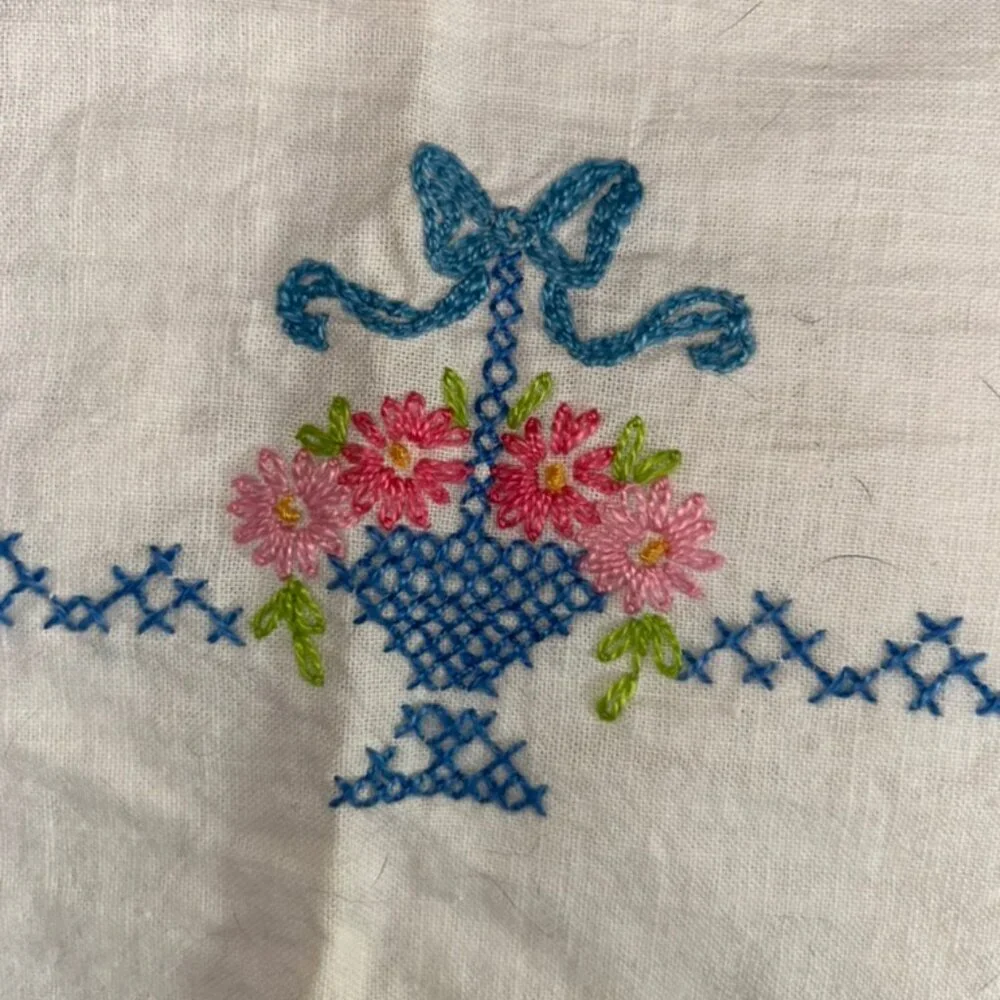 Vintage Hand Embroidered needlepoint Basket Flowers set TWO cotton pillow cases